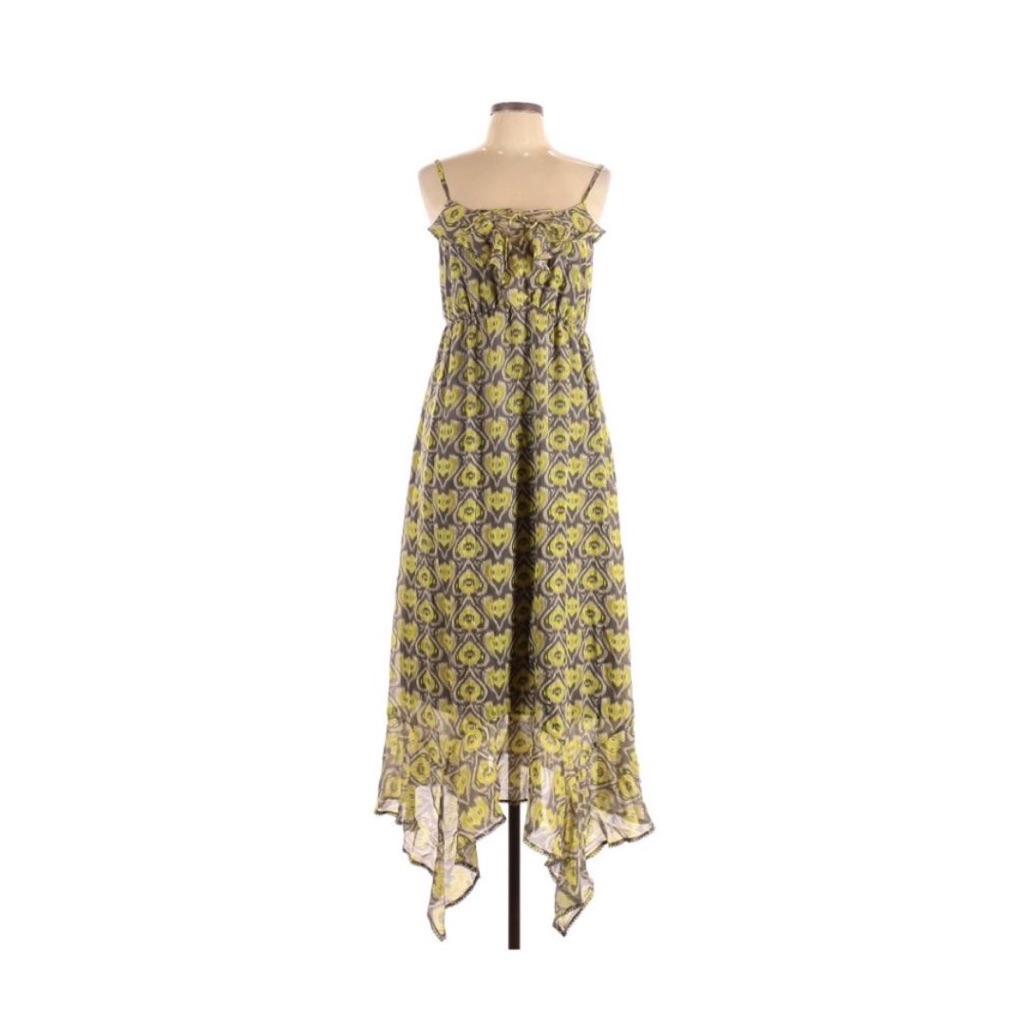 I Heart Ronson Grey & Yellow Laced Front Handkerchief Hem Maxi Dress Ruffles L